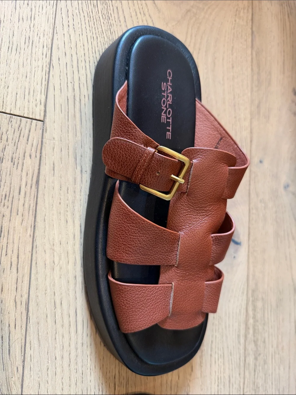 Charlotte Stone brown Woven Leather Slide Sandals with Gold Buckles - Picture 2 of 5